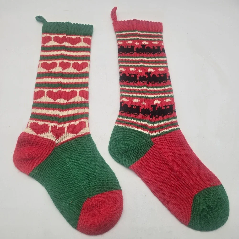 2 VTG‎  Large Wool Christmas Stockings Hearts & Train Sand DOLLAR Designs